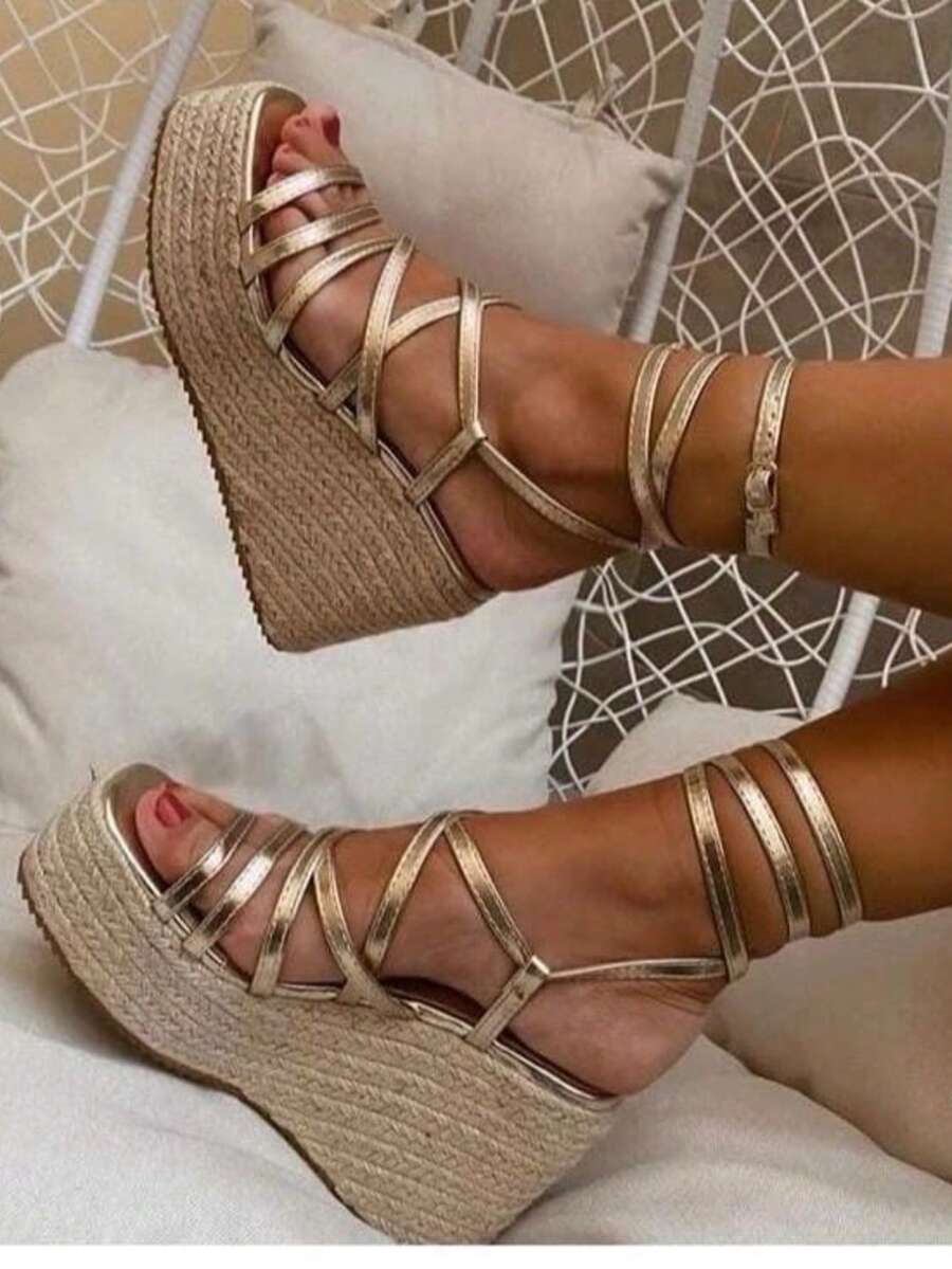 VIKIVIKI SHOES Women's Platform Sandals, Thin Strap Wedge Espadrille Design, Y2K Vintage Bohemian Style Inspired, Comfortable For Walking, Ideal For Summer, Vacation, Beach, Daily Walks, Relaxed Outfits, Dresses, And Fresh Day-To-Night Looks. Estimated Delivery: 1-3 Business Days (Peninsula) - Gold - View 1