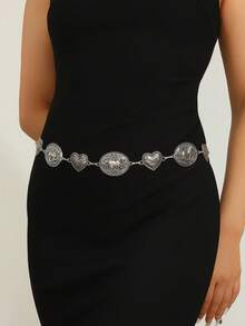 锌合金腰链，金属心形和马头装饰，复古波西米亚风连衣裙腰带 - 銀色 - 查看 7