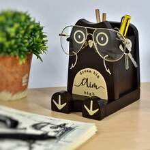 I'm Wood Multipurpose Eyeglass Phone Pen & Pencil Holder Stand Stationery Desk Box Organizer Accessories, Home Office Desktop Decor Birthday Graduation Gifts "Dream Big Aim High" (Owl) - Owl - 查看 8