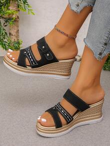 New Women's Fashion Casual Comfortable Simple Black Wedge Increased Height Travel Hemp Rope Versatile Middle-Aged Mother Slippers - Black - View 2