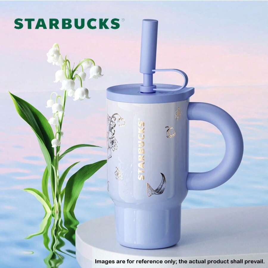 Starbucks Lily Of The Valley Style Straw Travel Mug, 800ml Large Capacity, Stainless Steel Double-Walled Vacuum Insulation, One Lid, Two Straws, Dual-Use Design For Direct Drinking, Anti-Scalding Handle, Long-Lasting Heat Retention, Leak-Proof Seal. - Purple - View 1
