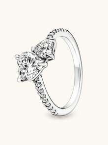 1 PC Fashion High-End Exquisite Luxury Diamond Ring, Double Heart Diamond Ring, Wedding Ring, Engagement Ring, Suitable As A Beautiful Gift To Witness Love - Bạc - Xem 5