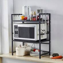 3-Tier Expandable Microwave Oven Rack Countertop For Kitchen, Microwave Shelf Stand Metal With 6 Hooks, Baker Rack, Adjustable Kitchen Shelf Organizer Black - 黑色 - 查看 1