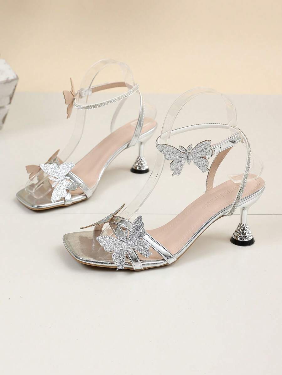 Shiny Butterfly Decor Transparent High Heel Sandals For Teens - Silver - View 1