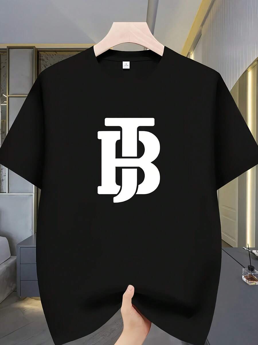 Men Casual Summer Short Sleeve T-Shirt Black And White Printed Letter Pattern Lightweight Breathable Fabric Regular Fit Crew Neck Top Comfortable And Snug Design For Casual Attire Warm Weather Clothing Soft Texture Adult Apparel - Black - View 1