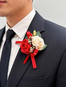 1pc/6pcs Artificial Silk Rose Flower Groom Boutonniere Man Brother Corsage Graduate Pin Suit Wedding Flowers Party Deocration - Red - View 2