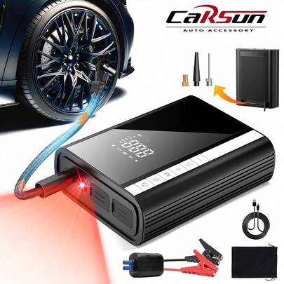  Carsun Portable Car Jump Starter & Air Pump 4 In 1, 1500A 12V Lithium Battery Jump Box With 150PSI Tire Inflator For Up To 10.0L Gas & 8.0L Engines, Portable Power Bank With 3 Modes LED Light Jumper Pack Car Accessories