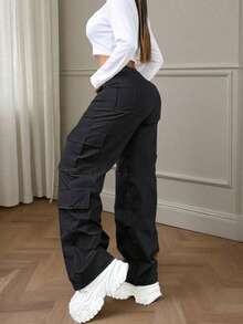Black Multi-Pocket Buttoned Casual Y2K Leisure Elegant And Cute Work Pants. Suitable For Back-To-School, Clubs, Birthday Parties, Halloween, New Year, Thanksgiving, Concerts, Gyms, Beaches, Vacations, Business, Daily Airport Wear, Street Style, Teacher's Day, Spring, Summer, Autumn And Winter. - Black - View 7
