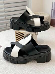 舒适加厚拖鞋 - 简约时尚双带设计 - 黑與白 - 查看 7