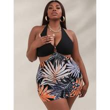 Plus Size Bikini Set - Black Halter Swimsuit With Cut-Outs & Tropical Print Shorts - Women's Swimwear For Beach, Pool, Vacation - Sizes 14-22 - Nhiều màu 99 - Xem 1