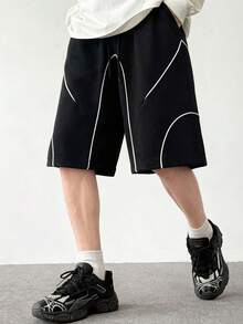 男士黑色短裤，饰有白色弧形缝线细节和弹性腰带，街头风 - 黑色 - 查看 1