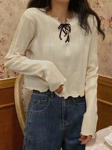 New Drawstring Design Long Sleeve Sweater Women, Knitted Pullover Top - Medium Apricot Color - View 5