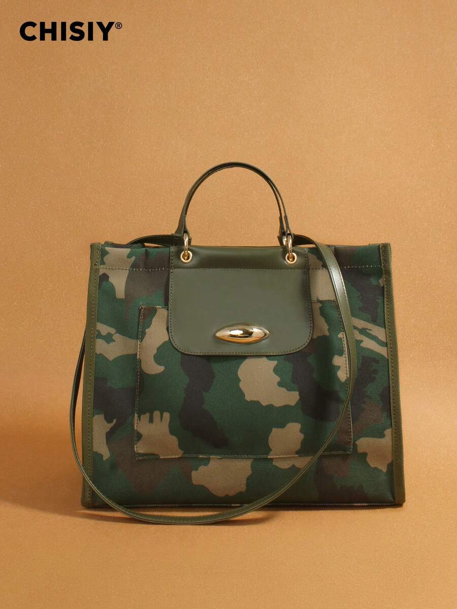 New Original Military Green Large Tote Bag, High Capacity Handbag With PU Camouflage Patchwork, Fashionable & Unique, Adjustable Shoulder Strap, Multi-Functional For Commuting, Outing, And School - 綠棕色迷彩 - 查看 1