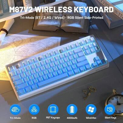 ATTACK SHARK Draadloos toetsenbord met drie modi: Bluetooth Dual + 2.4G + bedraad, 87 toetsen (tenkeyless), PBT-toetsen met kleurverloop, 26 toetsen met anti-ghosting, 4000mAh oplaadbare batterij, RGB-achtergrondverlichting, stille siliconen toetsen, afneembare kabel, voor Windows