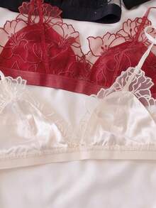 MOYISU-Sujetador trasero Sexy de encaje rojo, malla bordada francesa, sin anillo de acero, copa triangular, pecho grande, conjunto de ropa interior pequeña - sujetador negro - Ver 4