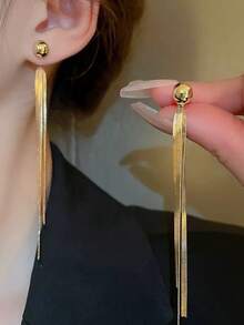 1 par de pendientes de flecos de acero inoxidable dorado, pendientes colgantes elegantes de lujo, pendientes largos adecuados para uso diario y fiestas - Dorado - Ver 6