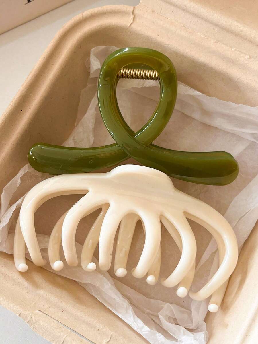 2pcs/1pc Women 3.54in/9cm White Claw-Shaped Green Glossy Acrylic Hair Clips, Fashion Versatile High-End Elegant Minimalist Solid Color Hair Accessories Suitable For Daily Casual, Party, Commute, Vacation, Hairstyling, Makeup, Outfit Matching Women Hair Claws Elegant Claw Clip - Multicolor - View 1