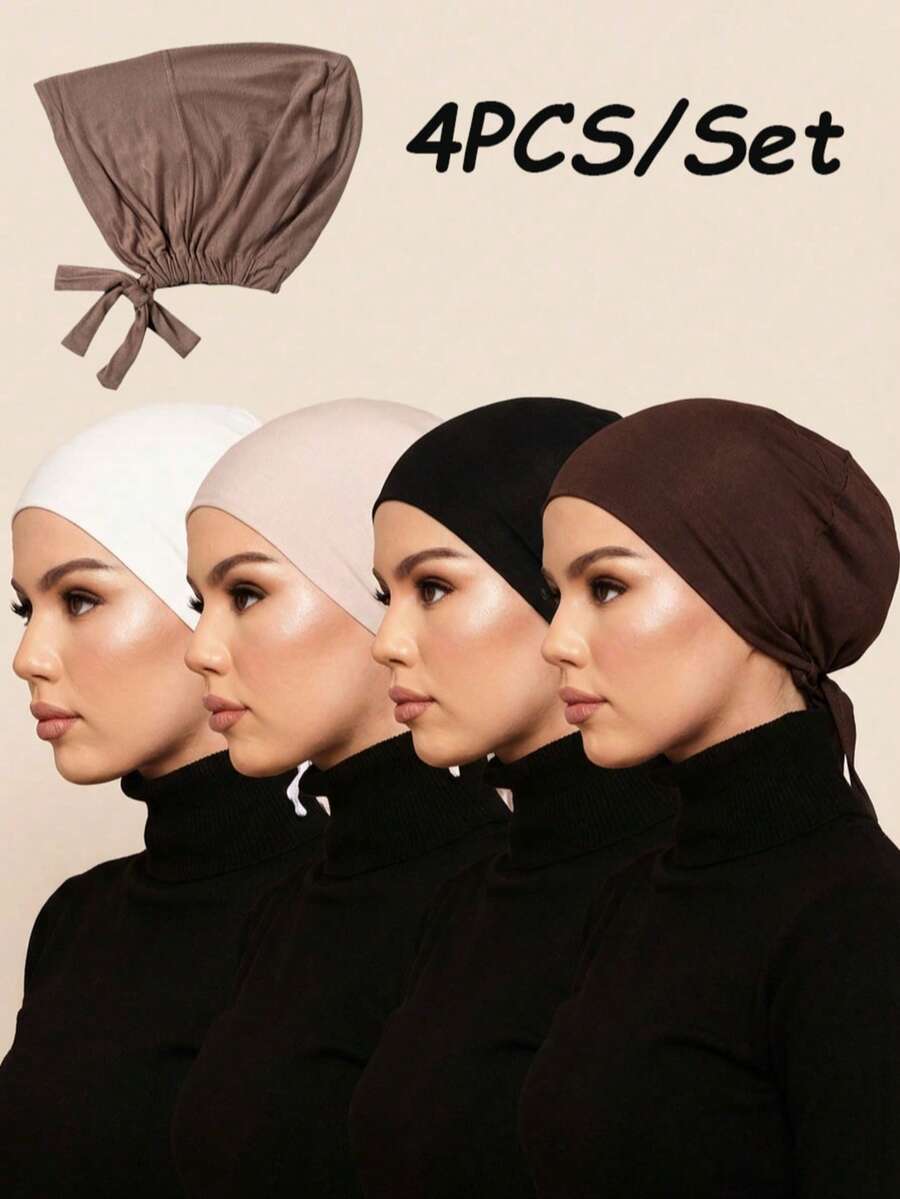 4pcs/Set Women's Solid Color Adjustable Elastic Hijab Cap, Hijab Undercap, Soft & Comfortable Modal Hijab Headscarf, Suitable For Daily Wear, Abaya, All Seasons,Holiday,Travel Essential - Multicolor - View 1