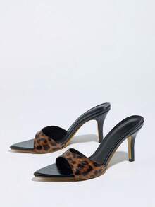 女士尖头细高跟鞋，时尚明星派对户外装扮，豹纹绑带设计搭配独特黑色鞋垫，高品质豹纹面料穆勒鞋，性感收腰宽鞋面，优雅正式场合豹纹黑色拖鞋，适合T台走秀、休闲、居家、户外、旅行，百搭派对鞋，春夏穿搭 - 黑色 - 查看 8