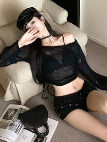 Lightweight Adjustable Off Shoulder Ruched Knit Cover Up For Women, Spring/Summer - Black - View 4