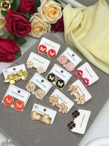 18 Elegant Ladies' Earrings, Pearl Earrings, Stainless Steel Earrings, Delicate Little Butterflies, Four-Leaf Flowers, Five-Leaf Flowers, Six-Leaf Flowers, Geometric Multi-Element, Elegant Style, Anti-Allergy Stainless Steel Earring Set, The Best Jewelry Earrings For Female Friends. - Multicolor - View 3