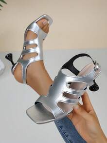Geometric Cut-Out Heels | Silver Metallic Strappy Sandals For Futuristic Party Look - Silver - View 3