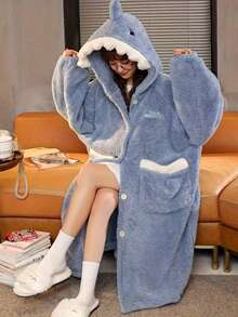 1 Pc Women's Cozy Shark Themed Coral Fleece Robe, Shark-Themed Hooded Rob, Thickened Shark Hooded Long Plush Warm Cartoon Suit, Cute And Interesting Cartoon Shark Hooded Warm Jacket, Long Sleeves & Pockets For Home Lounge, Birthday, New Year Gift, Robe Can Be Worn As Blanket, Winter/Spring, Valentine's Day Gifts, Gift For Women - Multicolor - View 16