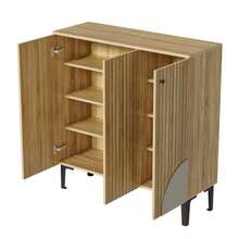 Sapateira moderna de 90 x 32 x 94 cm com acabamento amadeirado, três portas, espaço de armazenamento e prateleira – móvel leve para hall de entrada com estrutura preta, design vertical e detalhes em cinza. - Cor natural - Ver 9