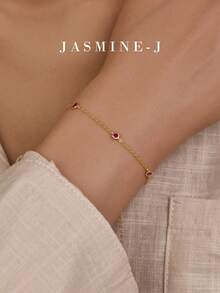 1pc S925 Sterling Silver Five-Diamond Chain Bracelet Features A Red Sapphire And Gold Accents. A Simple Yet Elegant High-End Jewelry Bracelet, Suitable For Everyday Wear By Women, It Makes A Perfect Gift. - Multicolor - View 8