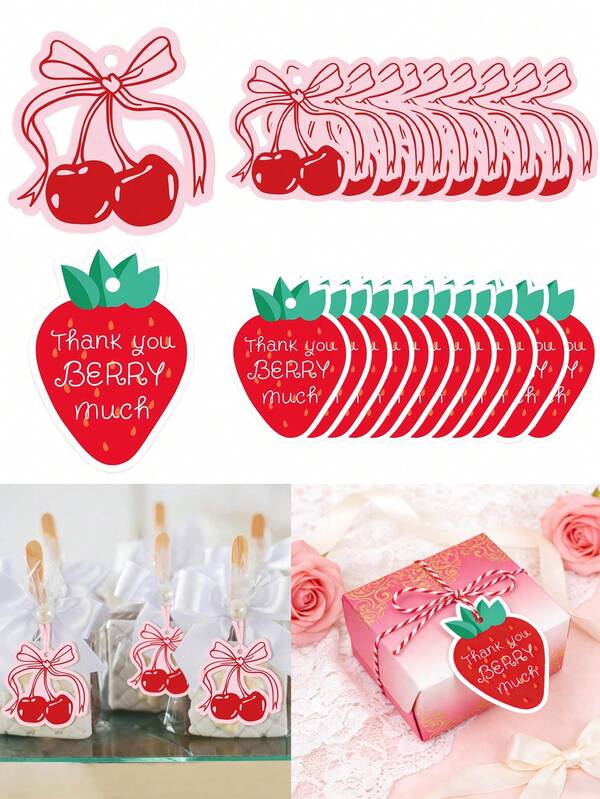 Sakura Strawberry Gift Packaging Tag, Decorated With Pink And Red Sakura Flower Bow On Top, Paper Tag With Silk Rope, Suitable For Hanging Decoration Packaging, Fit For Birthday, Wedding And Other Occasions