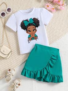 2pcs/Set Girls' Fashionable Cartoon Print Outfit - Green - View 1
