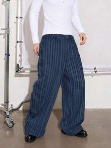 1Pc New Of Japanese Korean Style With Wavy Stripe Jacquard Fabric Baggy Wide-Leg Jeans ; American Retro Style Wide-Leg Pants In Wavy Stripe Jacquard Fabric. - Blue - View 3