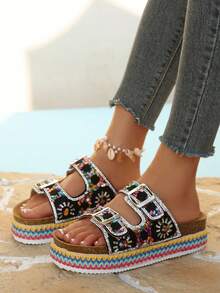 2025 Spring/Summer New Women's Sandals, Double Strap With Rhinestones, Fashionable Thick Sole Slippers, Random Floral Patterns, Essential For Vacation & Beach, Suitable For All-Day Wear - Black - View 4