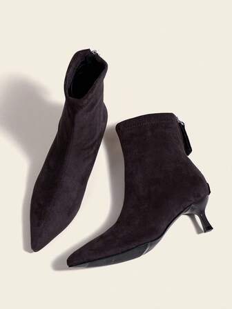 7cm High Heel Grey Ankle Boots & Short Boots, Comfortable & Fashionable Pointed Toe Slim Fit Elastic Boots For Women