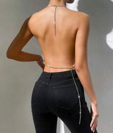 Glam Metallic Cropped Top With Glitter And Chain Straps - 銀色 - 查看 2