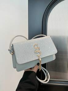 女士简约方形手提包，新款夏季时尚纯色单肩包，休闲托特包，复古斜挎包 - 銀色 - 查看 6