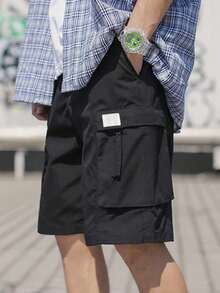 男士黑色工装短裤，带贴布装饰，多口袋设计，休闲户外街头风轻便耐穿夏季短裤 - 黑色 - 查看 1