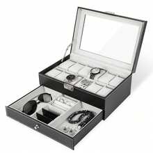 12-Slot Drawer Watch Display Box With Glass Cover, Dual Layer Jewelry And Watch Storage Case, Unisex, Black