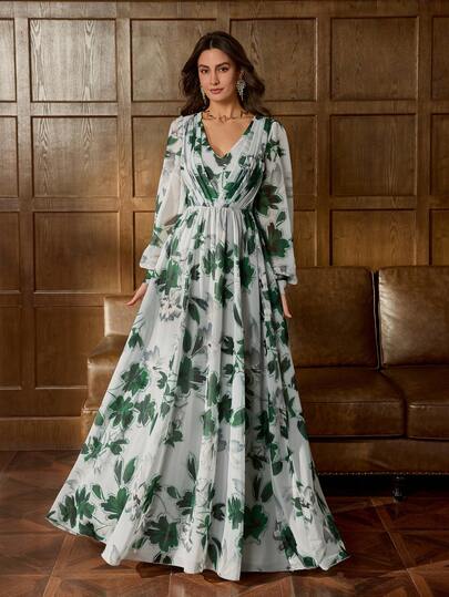 Faeriesty Elegant V-ringad klänning med invecklat blommigt bladtryck, romantiska puffärmar och böljande silhuett, lämplig för bröllopsgäster, brudfotografering, trädgårdsfest, årsdagar och romantisk fotografering