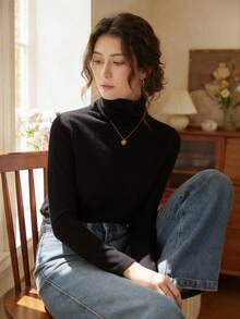 Knit Mix 优雅女士纯色高领长袖针织衫，适合秋冬季节，修身通勤风上衣，情人节理想之选，低调复古绅士休闲风，返校季秋季时尚，秋冬季圣诞节、感恩节、新年必备单品 - 黑色 - 查看 3