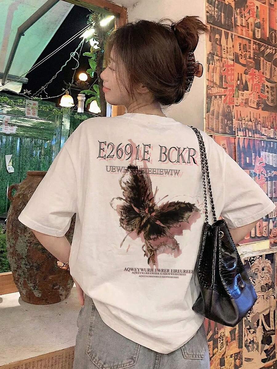 女士休闲圆领宽松蝴蝶字母印花短袖T恤，春夏款 - 白色 - 查看 1