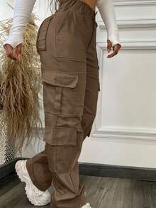 Brown Pocket Button Elegant Casual Commute Minimalist Y2K Petite Cargo Pants, Suitable For Outings, Clubs, New Year, Teacher's Day, Back To School, Birthday Parties, Daily Office, Travel, Country Music Concerts, Tea Parties, Airports, Sports & Fitness, Spring/Summer/Autumn/Winter - Brown - View 4