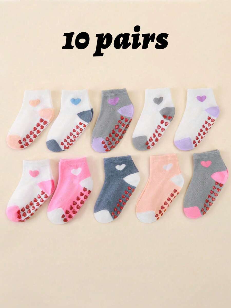 10/5双装防滑婴儿袜，室内地板袜，女婴袜，心形袜，春夏秋季 - 彩色 - 查看 1