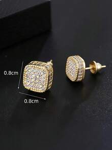 2 piezas Pendientes cuadrados de hombre con circonita cúbica de estilo punk y hip hop de cobre, para regalo de joyería y fiesta - Dorado - Ver 4