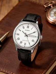 Reloj de cuarzo para hombre, correa de cuero genuino, esfera con números romanos blancos, pantalla de fecha, reloj analógico de tres manecillas, adecuado para uso diario, casual y otras ocasiones MTP-V006L-7B - Blanco - Ver 1