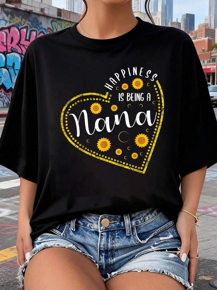 Camiseta de mujer La felicidad ser una abuela amante de los girasoles 2026 nuevas camisetas impresas para mujeres, estilos populares, camisetas de primavera para mujeres, camisetas de invierno, camisetas de para mujeresás vendidas - Negro - Ver 1
