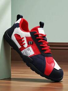 2026 New Men's Casual Sneakers, Soft & Comfortable Flat Knitted Mesh Breathable Low-Top Lace-Up Round Toe Men's Casual Shoes, Youth Campus Style, Comfortable Men's Shoes - Blue Red - View 2