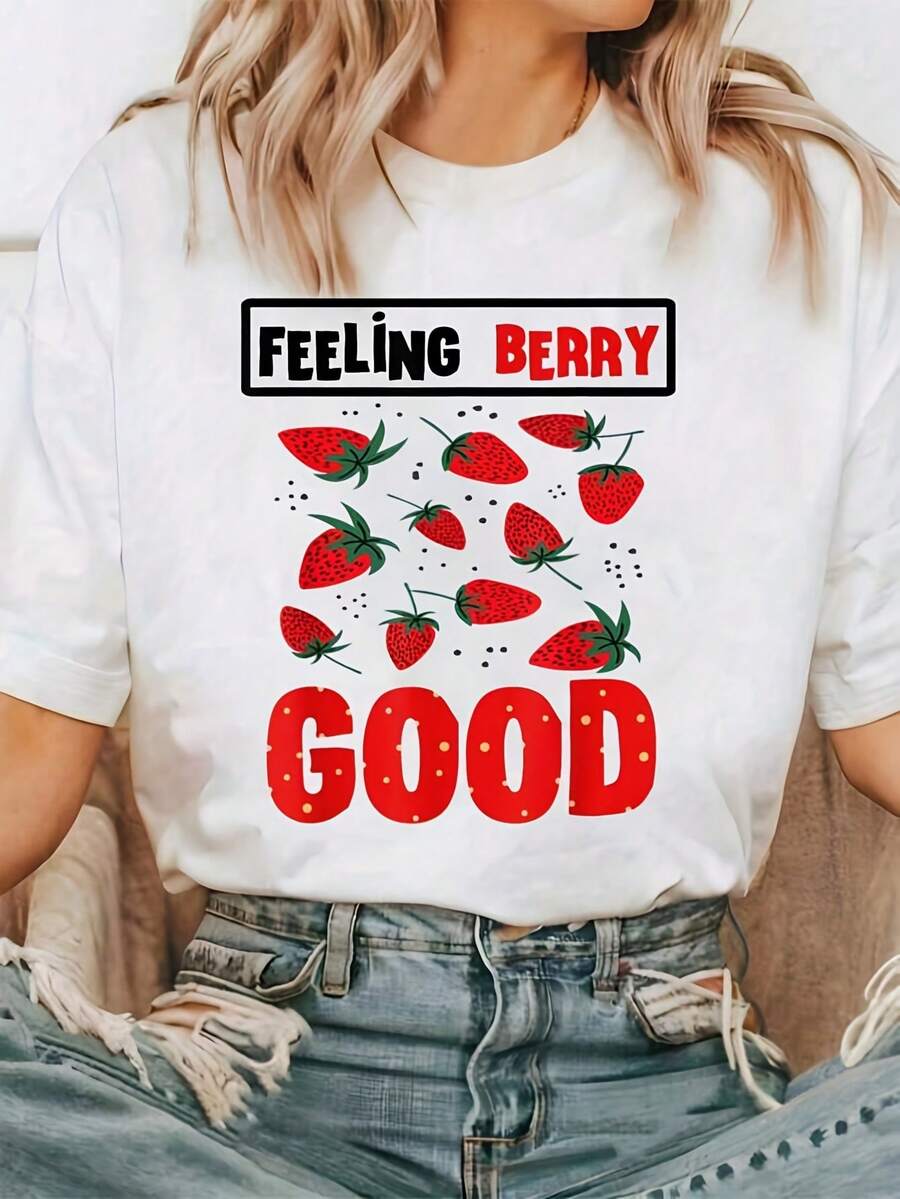 Women Unisex Strawberry Graphic T-Shirt Feeling Berry Good Red Strawberry Print Soft Breathable Lightweight Crew Neck Short Sleeve Tee - White - View 1