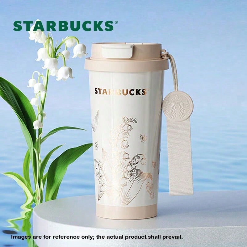 Starbucks Beige Lily Of The Valley Style Travel Mug, 500ml Lightweight Insulated Mug, Direct Drinking Straw, Dual Drinking Spouts, Compatible With Car Cup Holders, One-Handed Opening And Closing Design For Convenient Car Use. - Beige - View 1