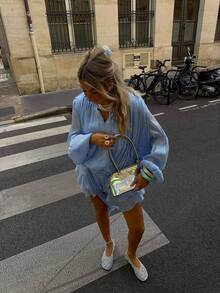 Women's Casual Street Style Solid Color Lantern Sleeve Tie Waist Ruffle Hem Dress, Spring/Summer - Light Wash - View 6